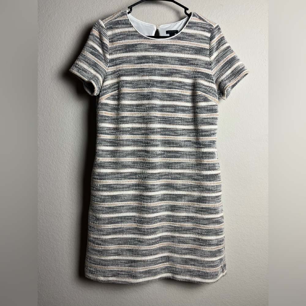 ANN TAYLOR IVORY TAN BLACK STRIPED SHORT SLEEVE SHEATH DRESS SIZE SMALL PREOWNED
